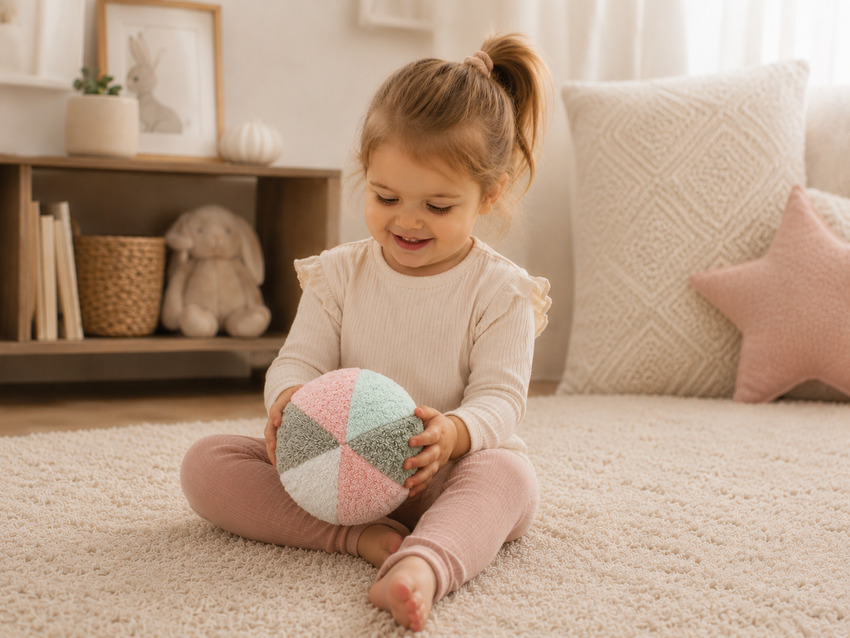 Efie Rassel Ball klein rosa/grau/blau, kontrolliert biologischer Anbau (organic), Made in Germany