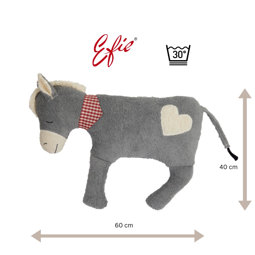 Efie XL Esel mit Herz, Spieltier und Kuschelkissen, kontrolliert biologischer Anbau (organic), Made in Germany