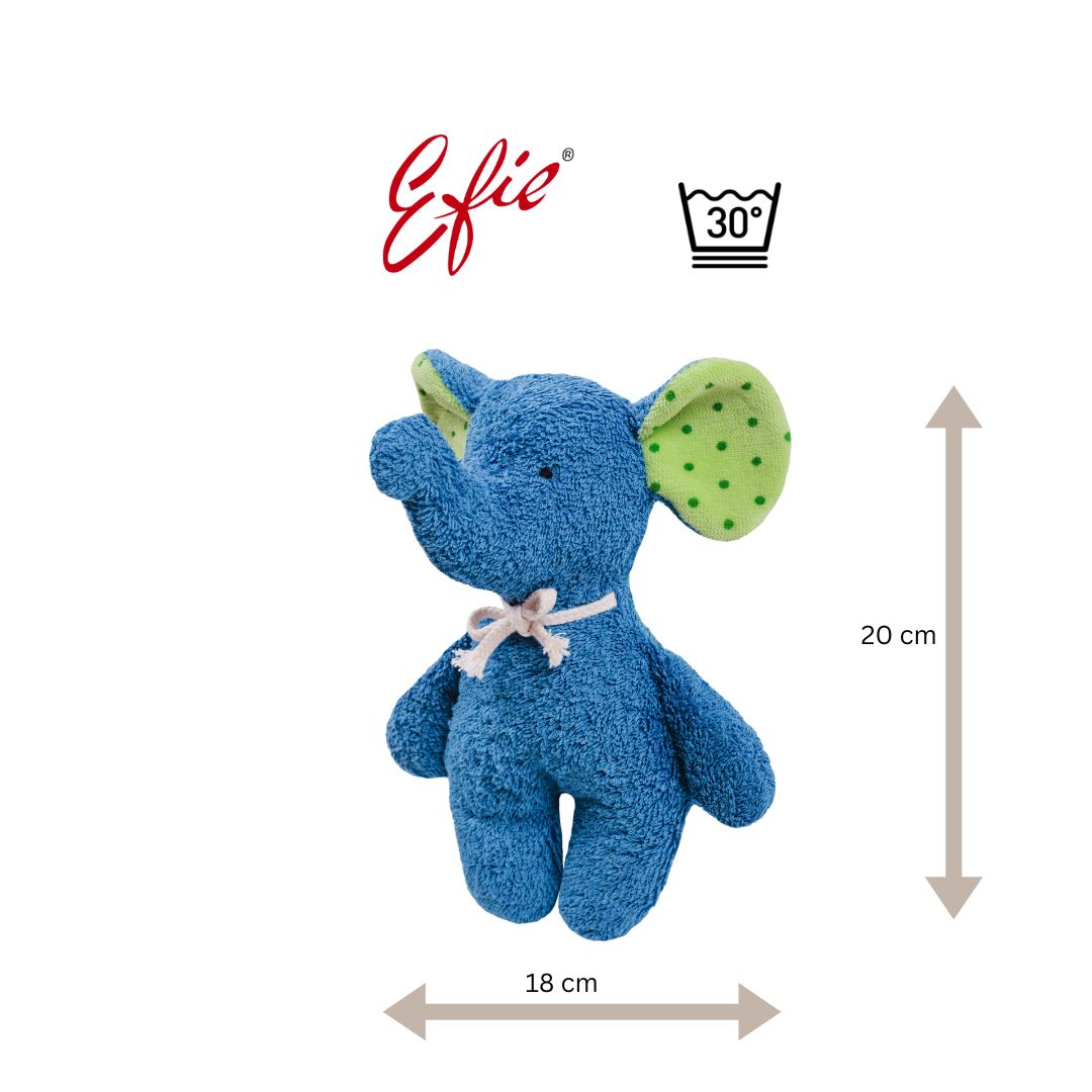 Efie Rassel Elefant blau, kontrolliert biologischer Anbau (organic), Made in Germany